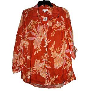 Cynthia Rowley 100% Linen Floral Long Sleeve Button Top Plus Size 1X Coastal NWT